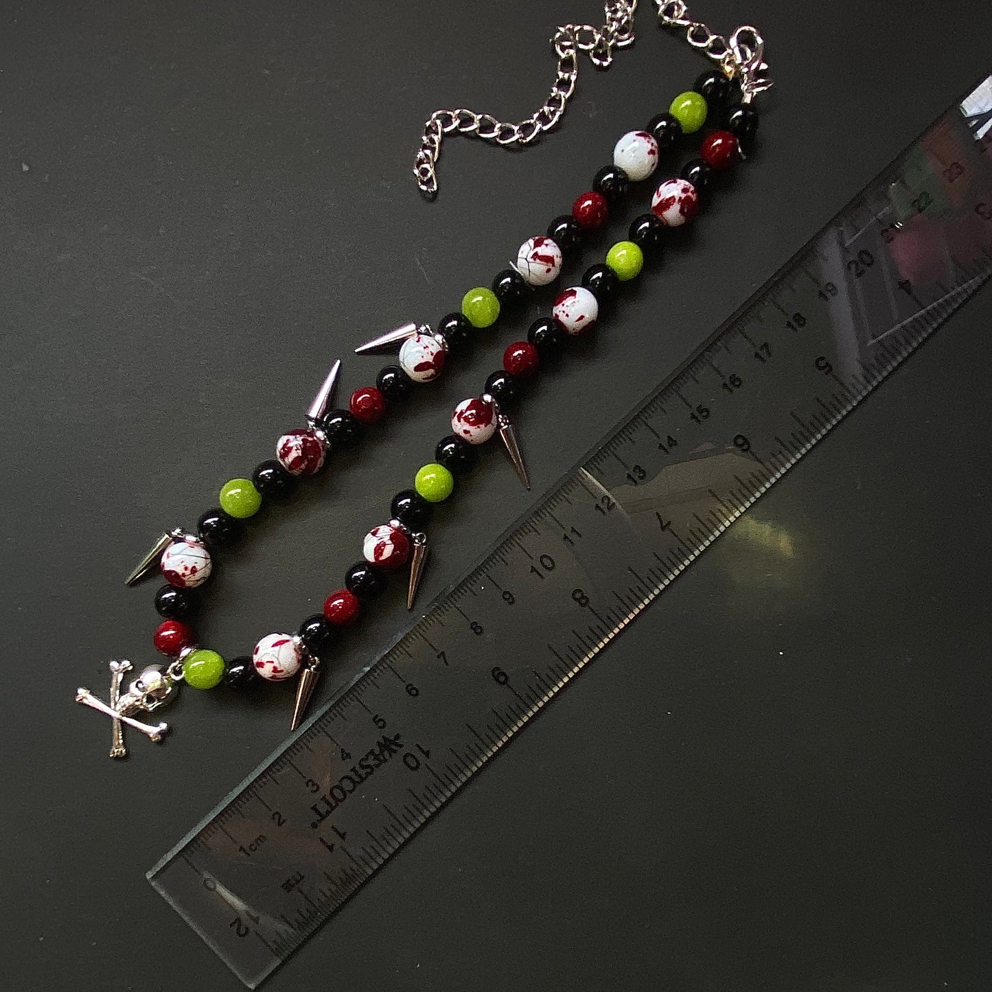 Zombie horror beaded necklace, silver