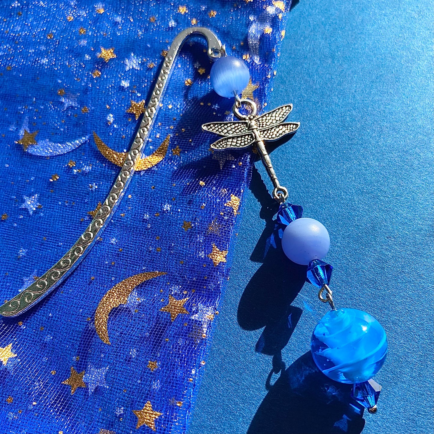 Blue pond dragonfly silver bookmark