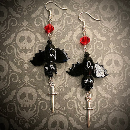 Upside down vampire bat earrings, silver