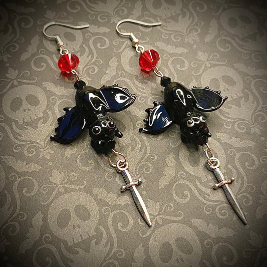 Upside down vampire bat earrings, silver